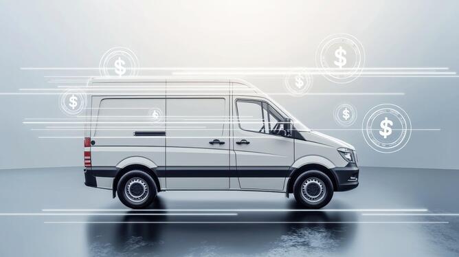 Cash-in-transit van moving at speed with currency icons around it