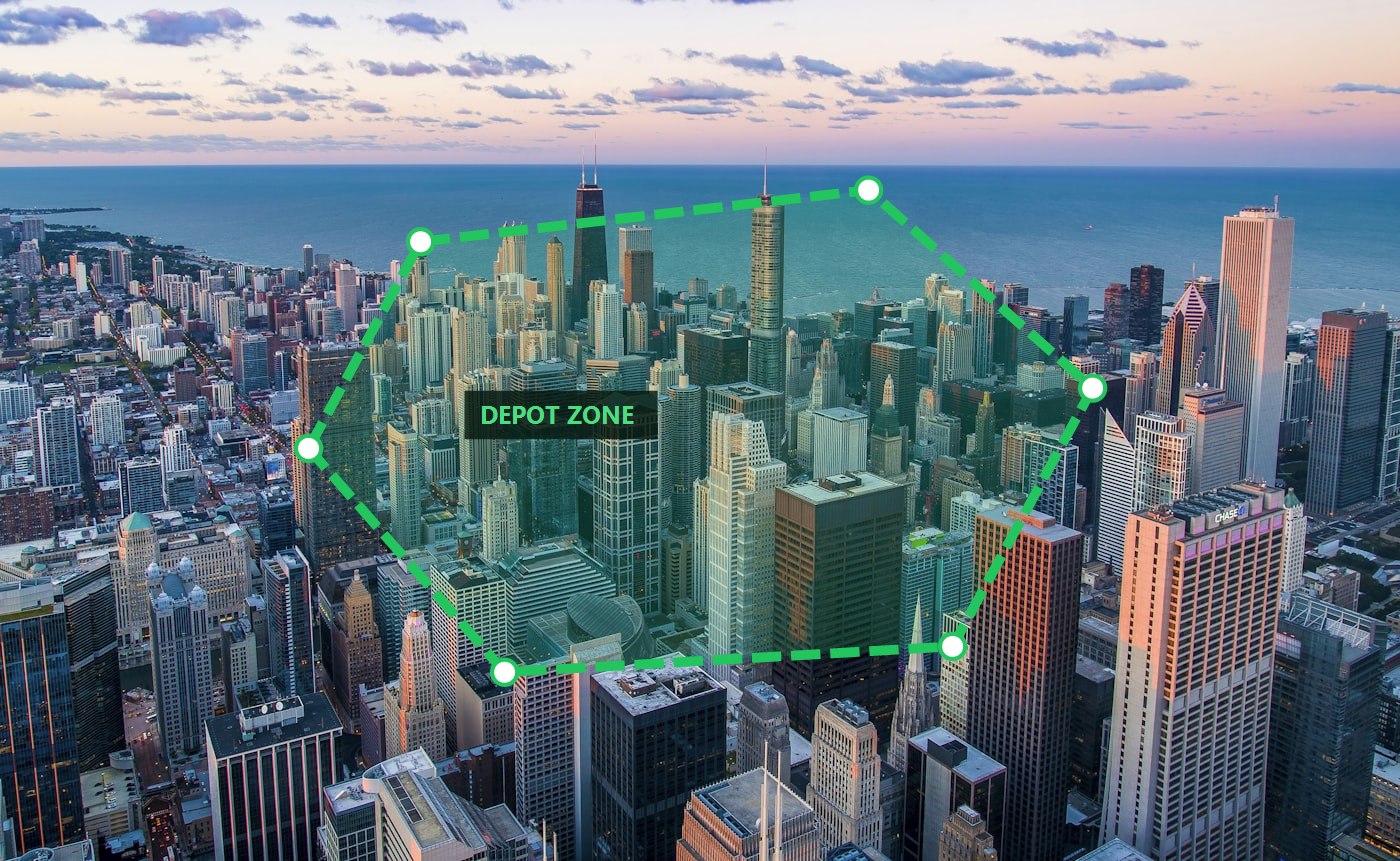 Map marked with location pins showing geofenced zones