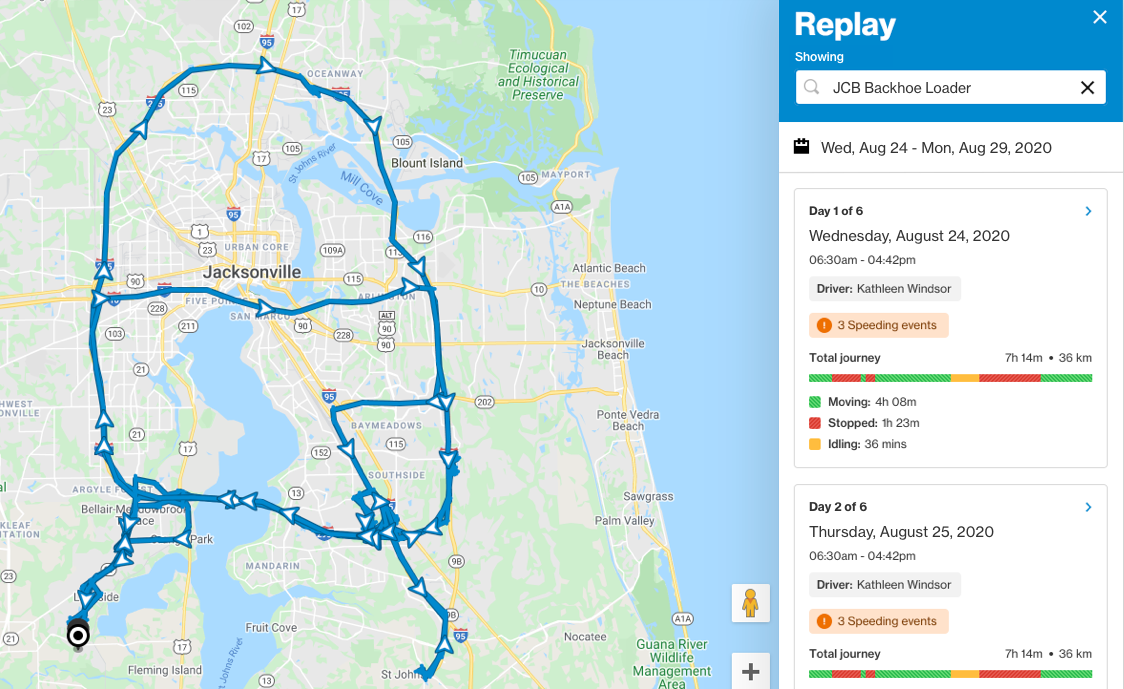 Replay panel with a multi-day route drawn on the city map, journey times and speeding events