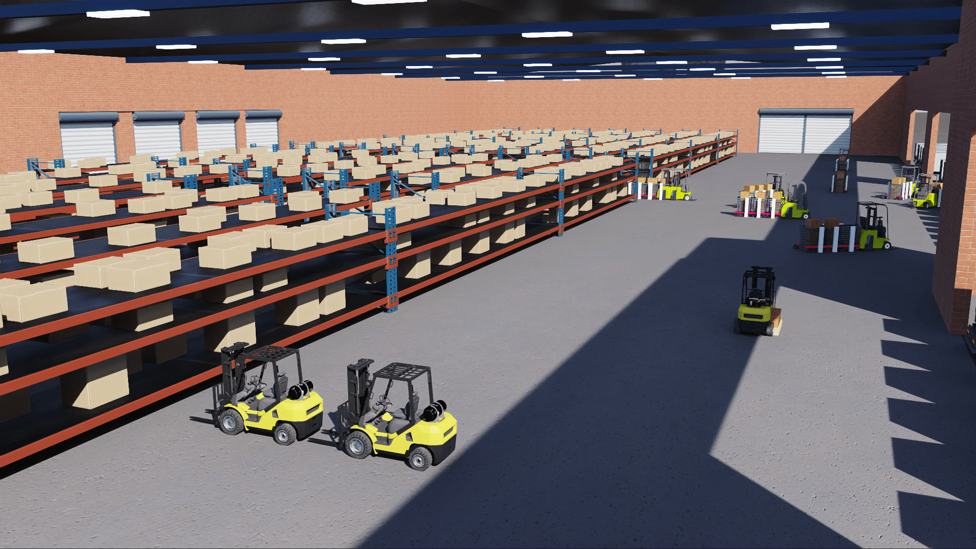 Distribution warehouse with racked stock and forklifts at the loading doors